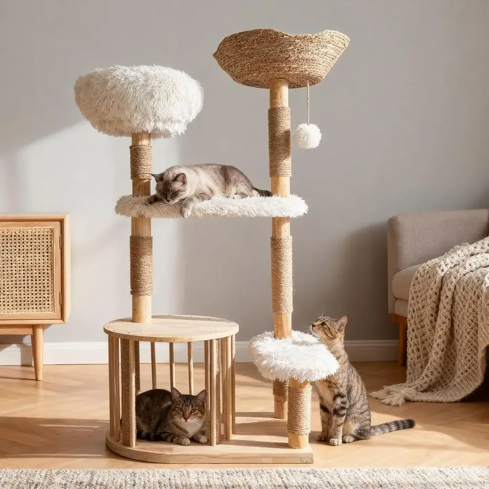 Cat Scratching Post - برج قطط خشبي طبيعي مع عمود